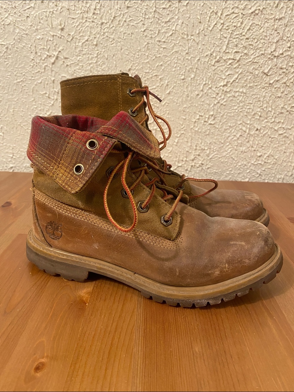 Timberland Brown Suede Fold-Down Plaid Cuff Work Boots